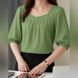 Apostrophe Olive Green Square Neck Puff-Sleeve Blouse